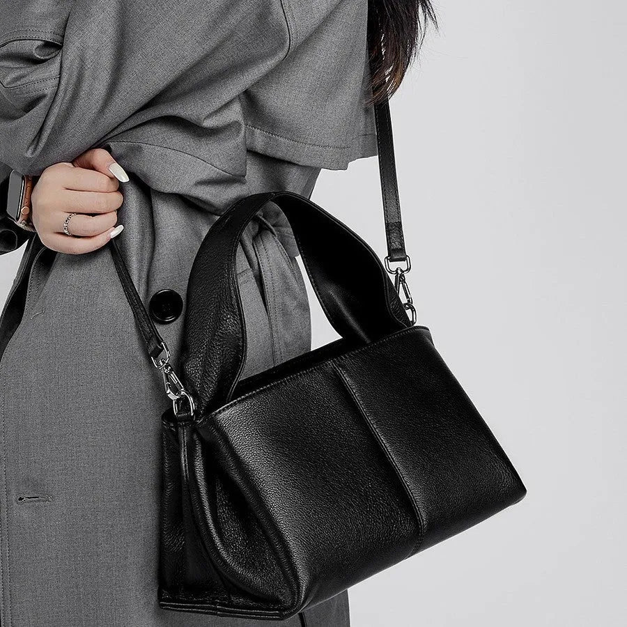 Women's genuine leather messenger bag in horizontal square shape with double shoulder straps