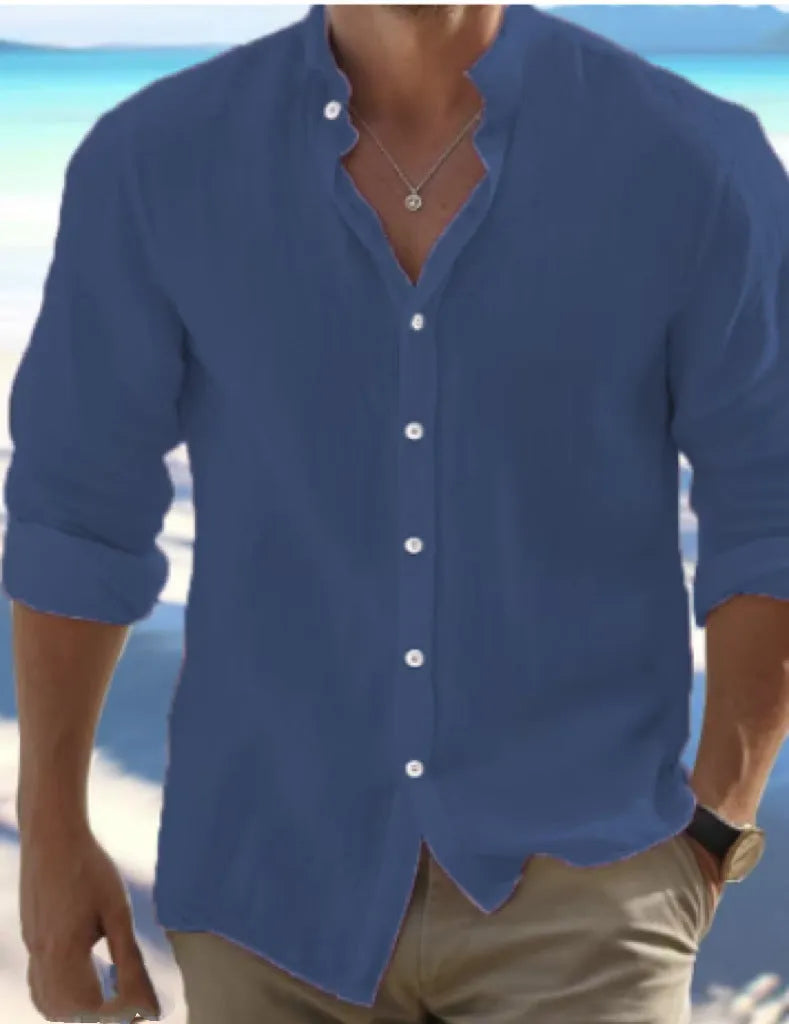 Men's casual long-staple cotton button-up summer shirt on a hanger.