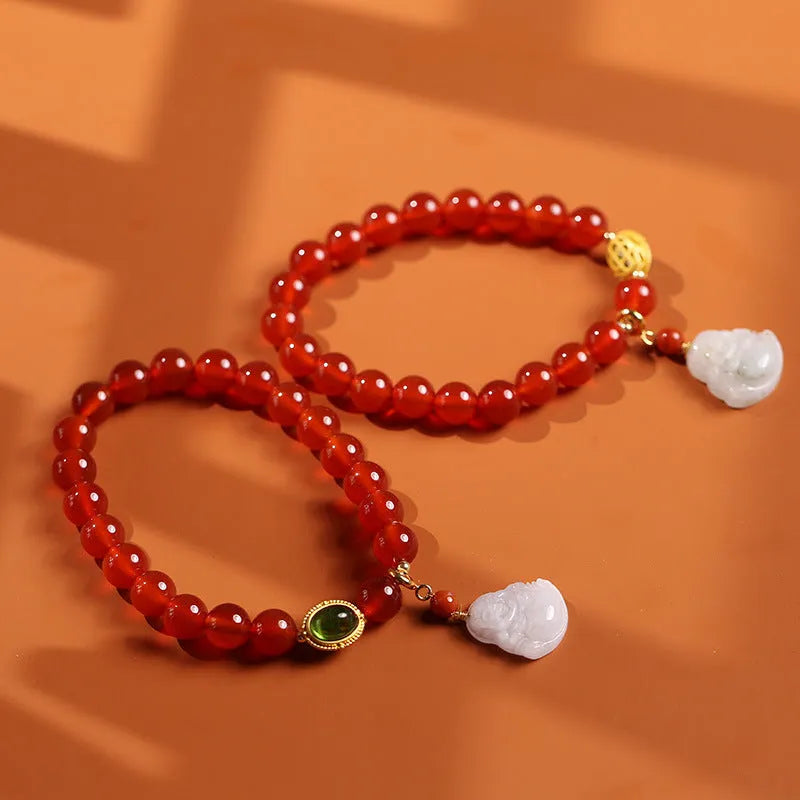 Handmade Chinese style bracelet with amber, red agate beads and Maitreya Buddha gold pendant