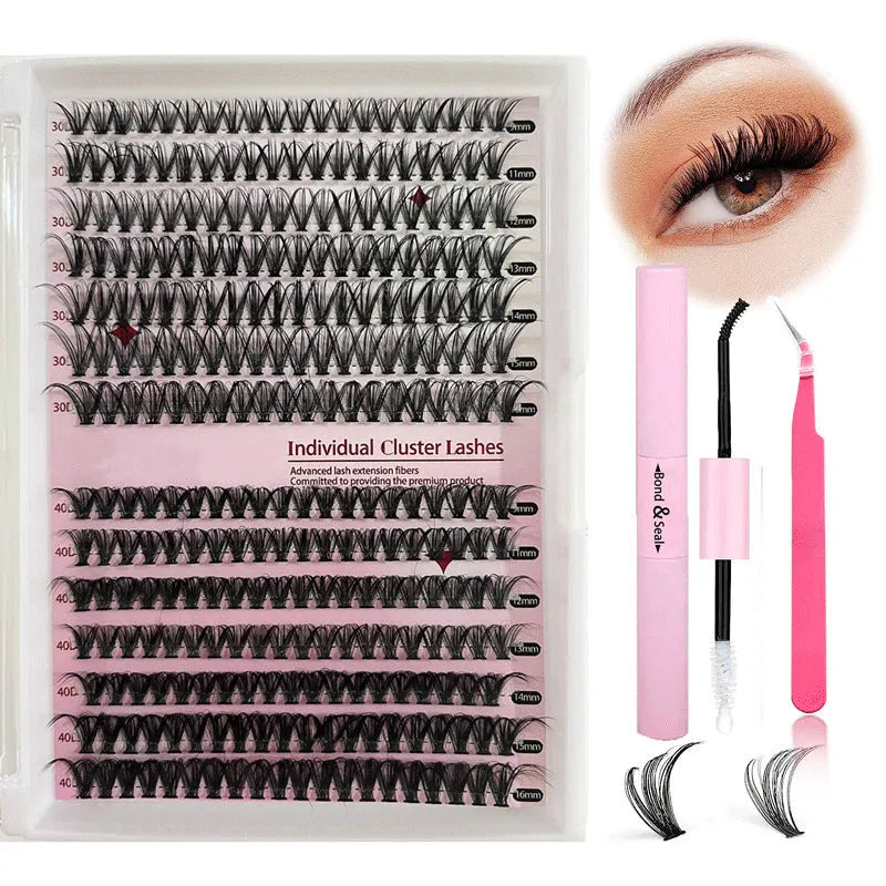 DIY mixed package of cluster false eyelashes showing 30D and 40D high-grade fibre lashes from 9mm to 16mm with tweezers.