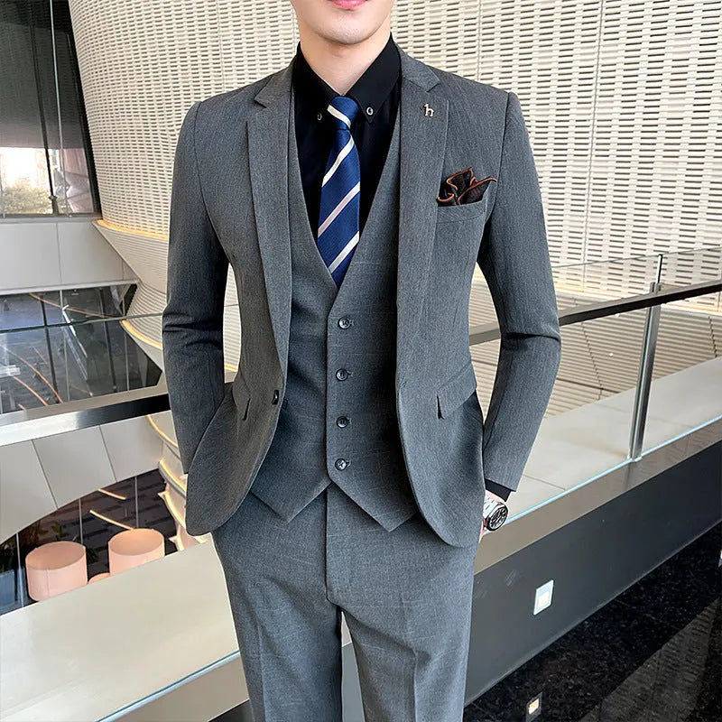 British style slim fit men's business suit in black or dark grey with adhesive interlining construction