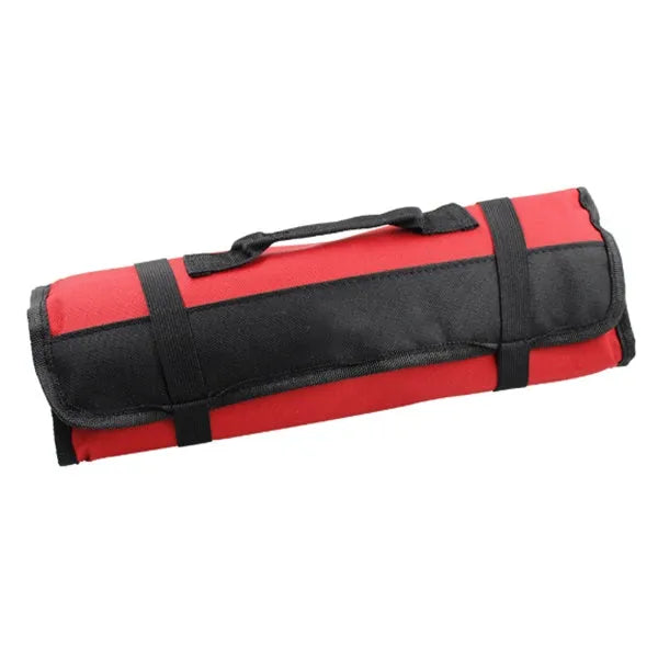 Portable multifunctional reel type hardware tool bag in 600D Oxford cloth, rolled up with buckle closure