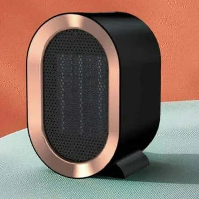 Desktop electric heater with cast metal housing and rotating air outlet in various colour options