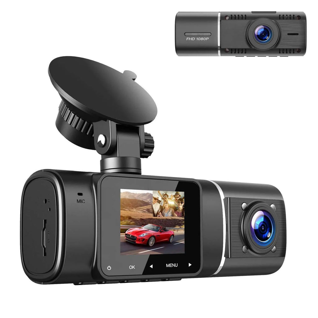 Black dual-channel car dash camera with 1.5-inch screen for front and rear recording.