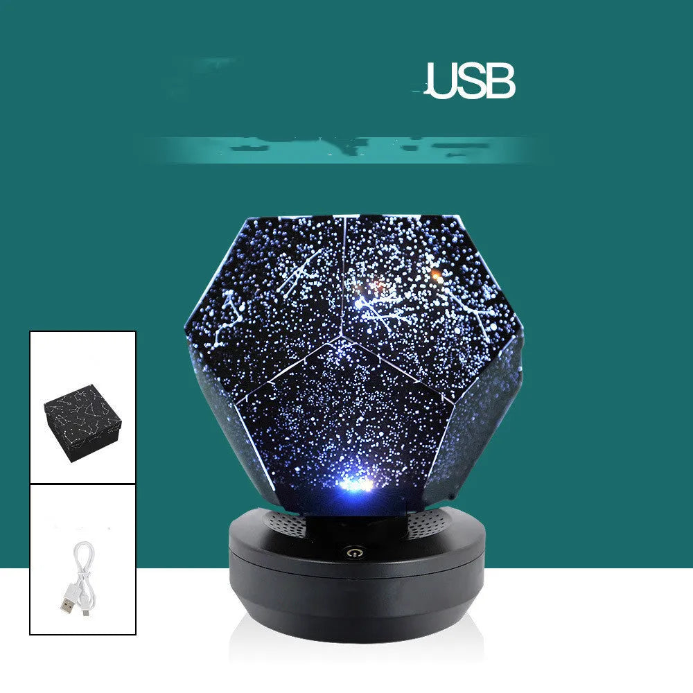 LED starry sky projector night light showing constellation projection on a bedroom ceiling.