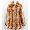 Women's slim-fit tiger print faux fur jacket on a hanger, showing long sleeves and medium length.