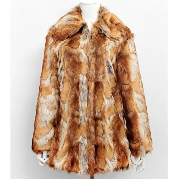 Women's slim-fit tiger print faux fur jacket on a hanger, showing long sleeves and medium length.
