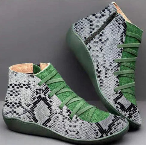 Women's casual ankle booties with synthetic PU upper and flat wedge heel in multiple colours