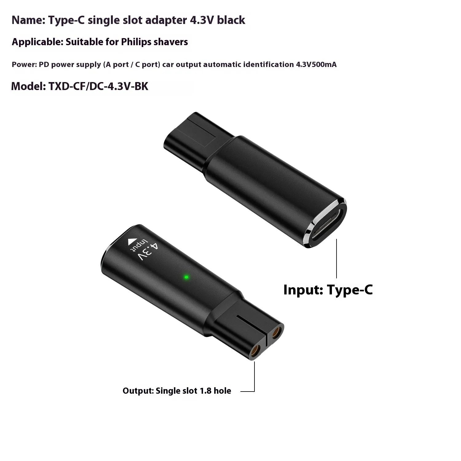 USB C charging adapter for electric shavers with aluminium alloy housing in black colour