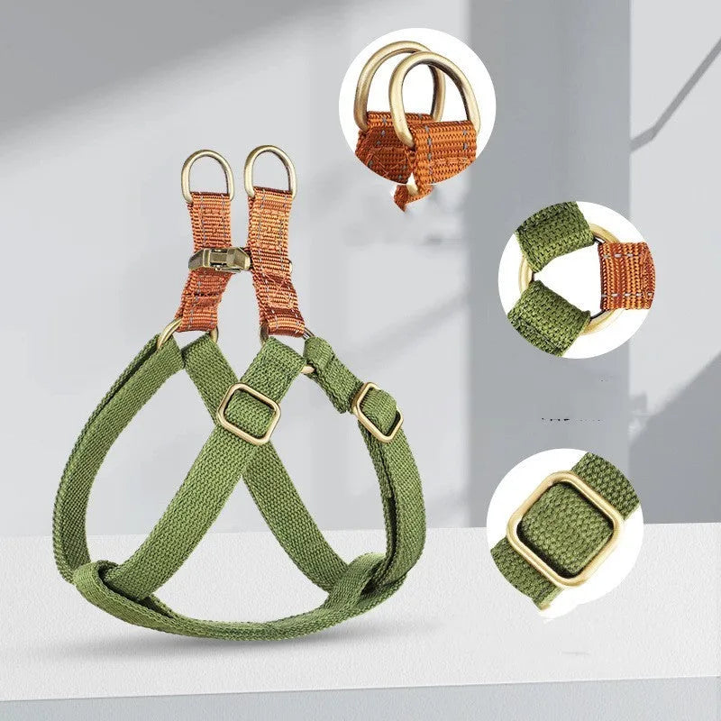 Brown vest-style anti-loss dog leash for a small dog, showing cotton belt and alloy fastener.