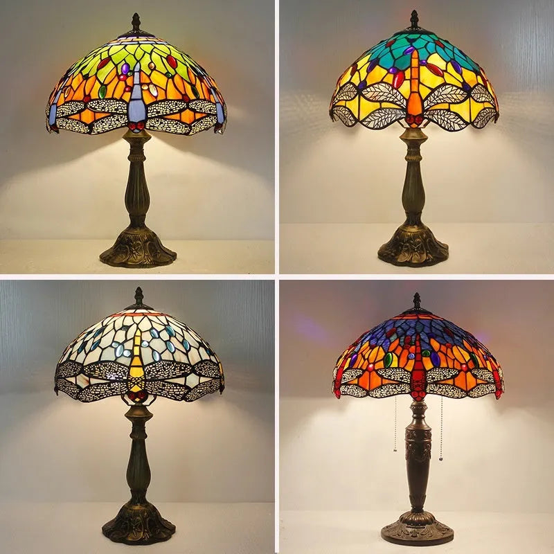Tiffany dragonfly stone table lamp in European style with decorative blue and green motifs
