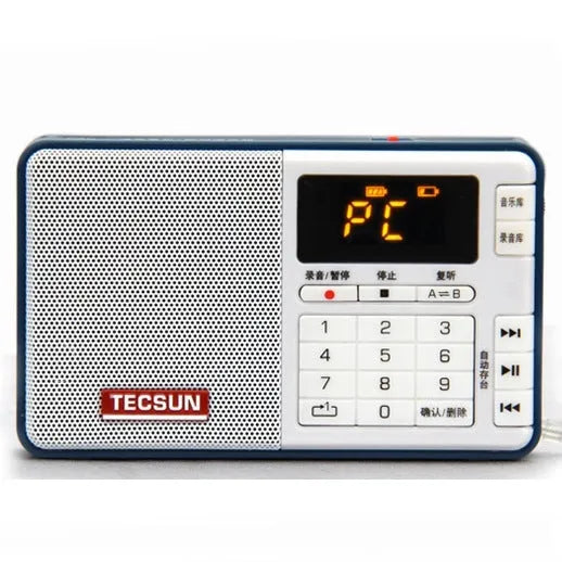 Tecsun Q3 digital audio player in white, yellow, red, green, blue, or black with radio and MP3 playback functions