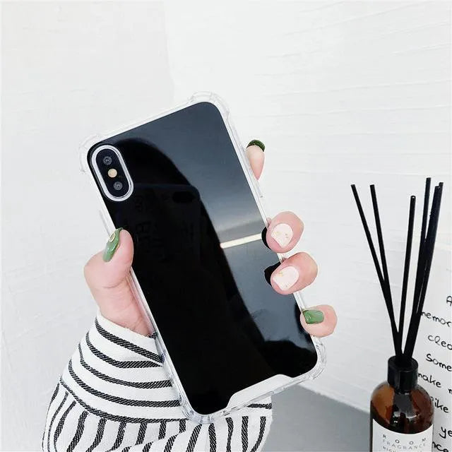 Reflective mirror phone case in soft TPU material available in multiple colours for various iPhone models showing back and side view