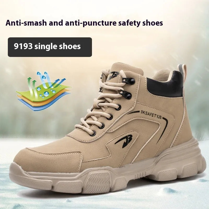 Brown lightweight labour protection safety shoes with leather upper and rubber sole.