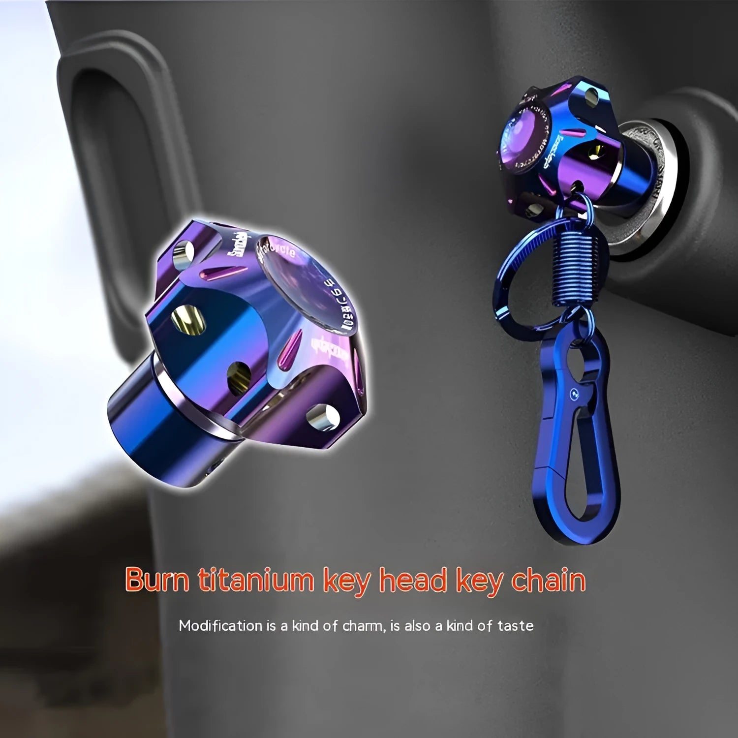 T6 aluminium motorcycle key cover in hexagonal, pentagram, and plum blossom designs with blue and white keychain.