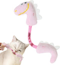 Four interactive cat toys: catnip rope, plush fish, plush mouse, and plush bunny in pink