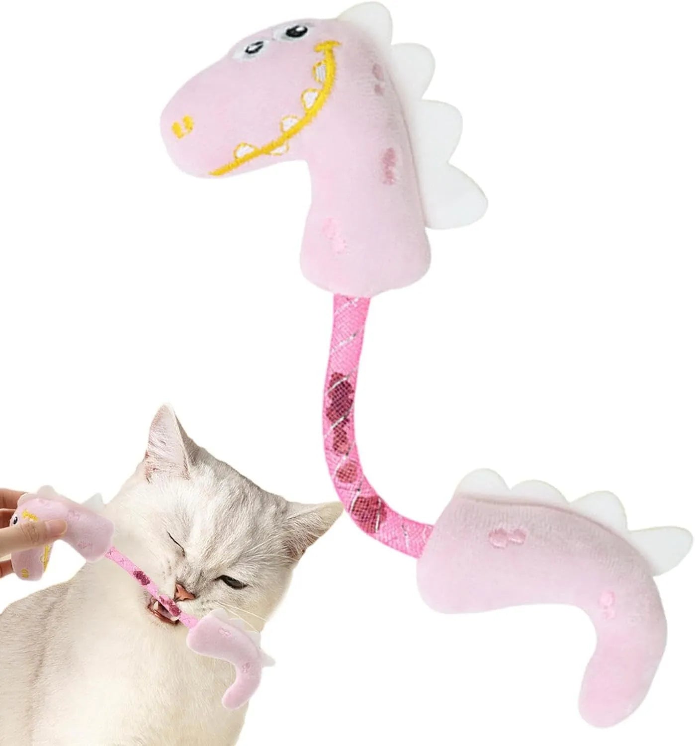 Four interactive cat toys: catnip rope, plush fish, plush mouse, and plush bunny in pink