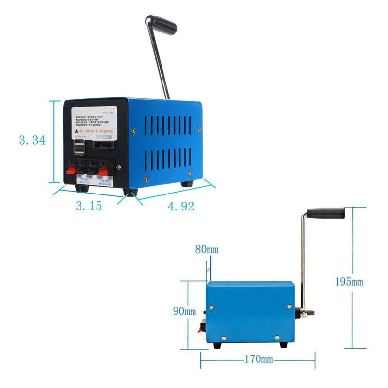 Blue metal hand crank USB power generator showing crank handle and output ports