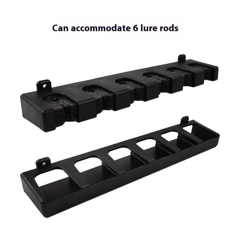 Black ABS plastic wall-mounted fishing rod holder in horizontal and upright styles.