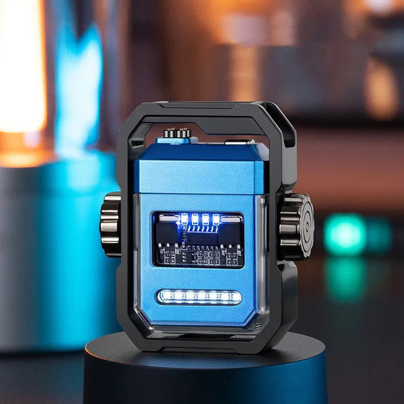 Blue Pulse double arc windproof electric lighter with mechanical gyroscope and USB Type-C charging port.