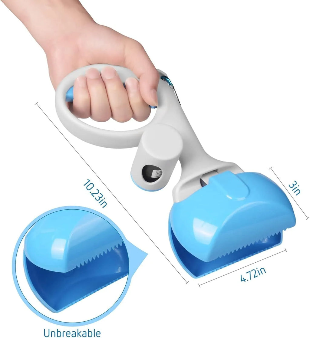 Heavy-duty ABS plastic pet pooper scooper with integrated trash bag holder in black, blue, red, or yellow.