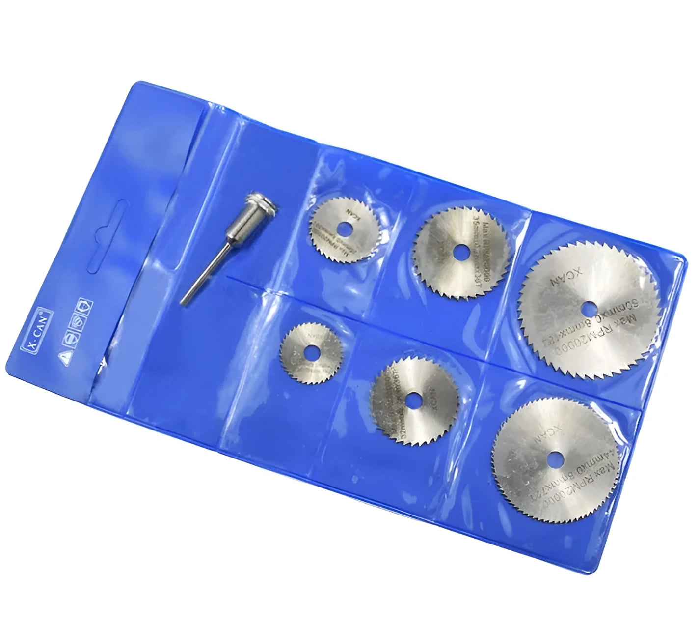 Six circular saw blades with mandrel for woodworking tools, high-speed steel construction