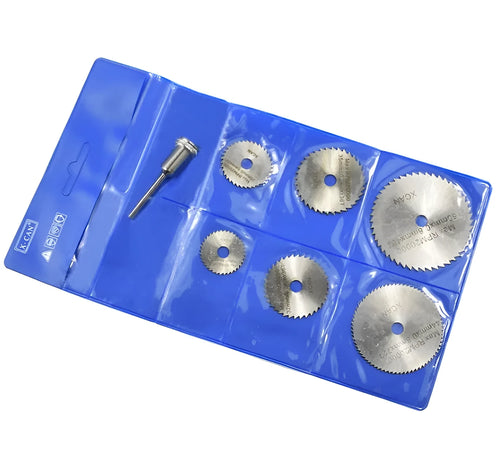 Six circular saw blades with mandrel for woodworking tools, high-speed steel construction
