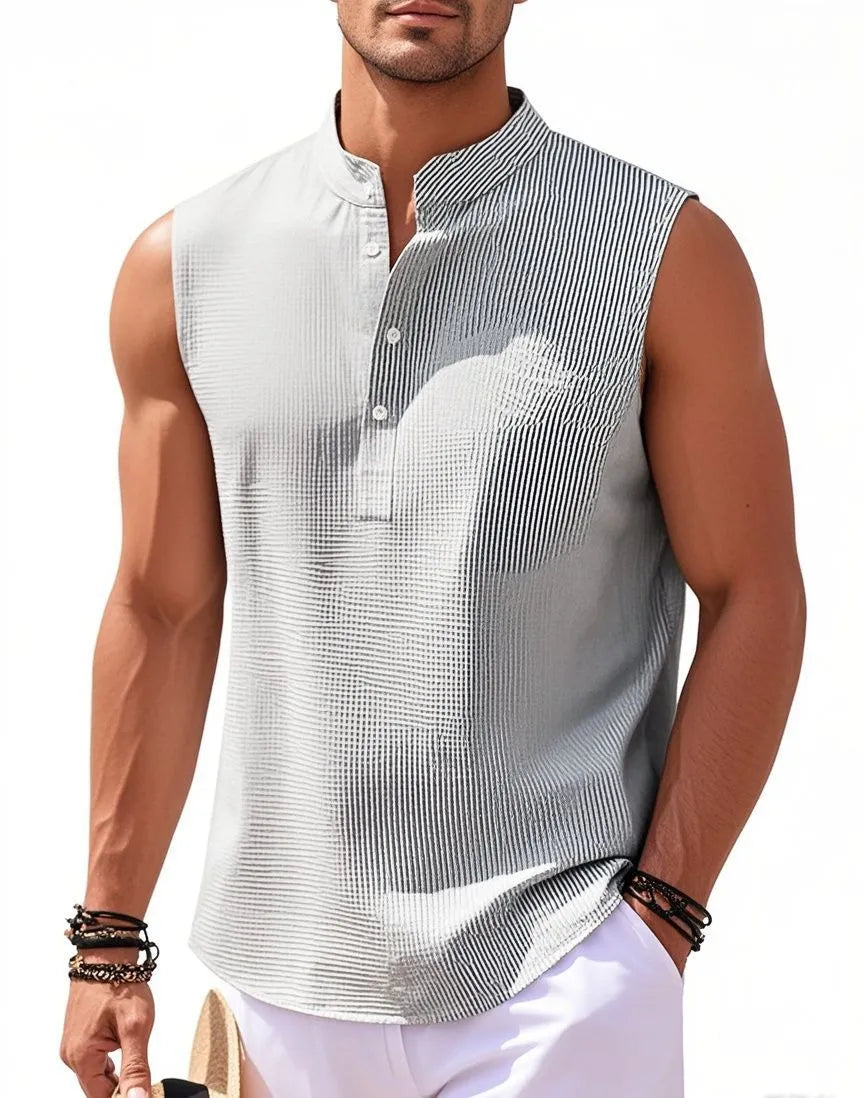 Men's stand collar sleeveless vest in striped jacquard weave, shown in front view, available in 9 colours