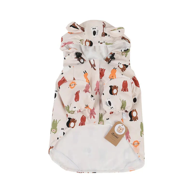 Beige dog raincoat with cartoon animal pattern waterproof PU material