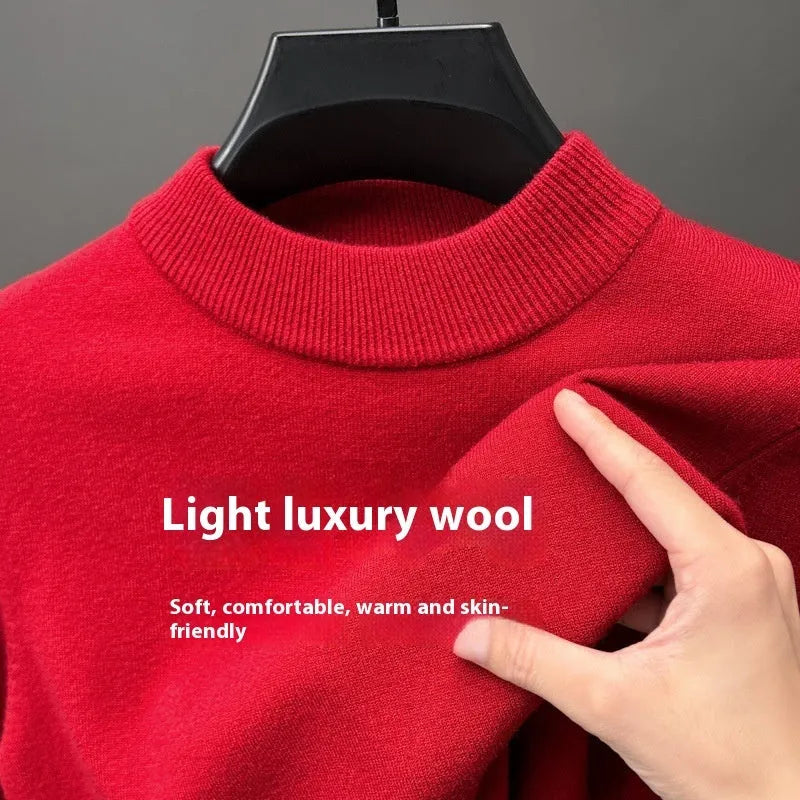 Men's solid colour fine wool half turtleneck long sleeve pullover on a hanger