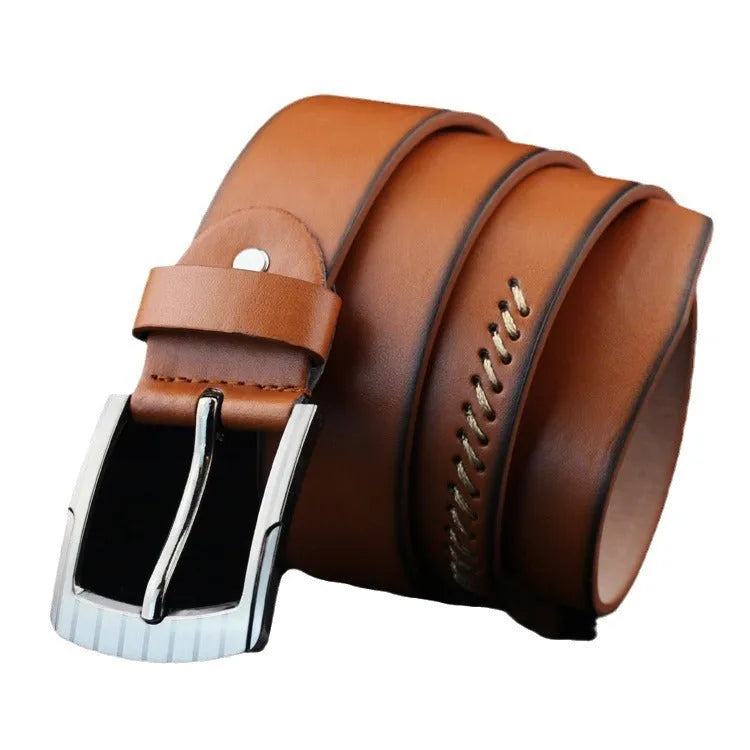 Men's casual pin buckle belt in imitation leather with retro pattern, 110cm length