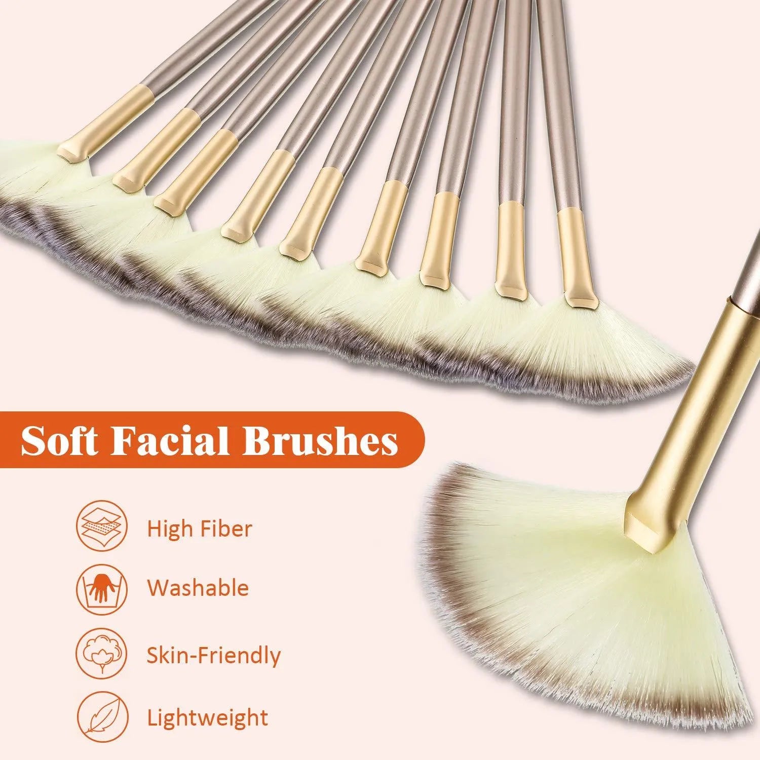 Ten champagne-coloured acrylic handle fan brushes with soft fibre bristles and individual clear protective covers.