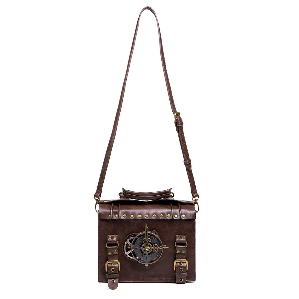 Bronze steampunk industrial retro shoulder bag with square pillow bag design and metal hardware