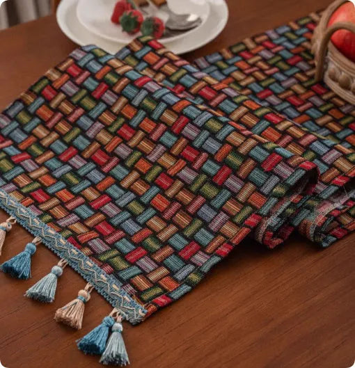 European retro style long sideboard table flag with handwoven tassels in a blue ginkgo leaf pattern