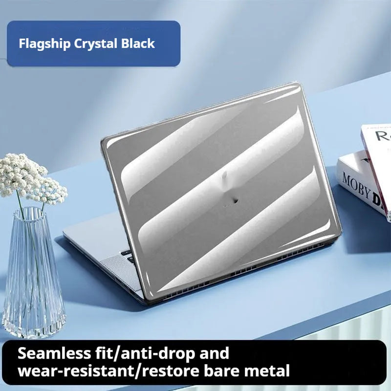 Transparent MacBook protective shell case for Air and Pro models showing port cutouts