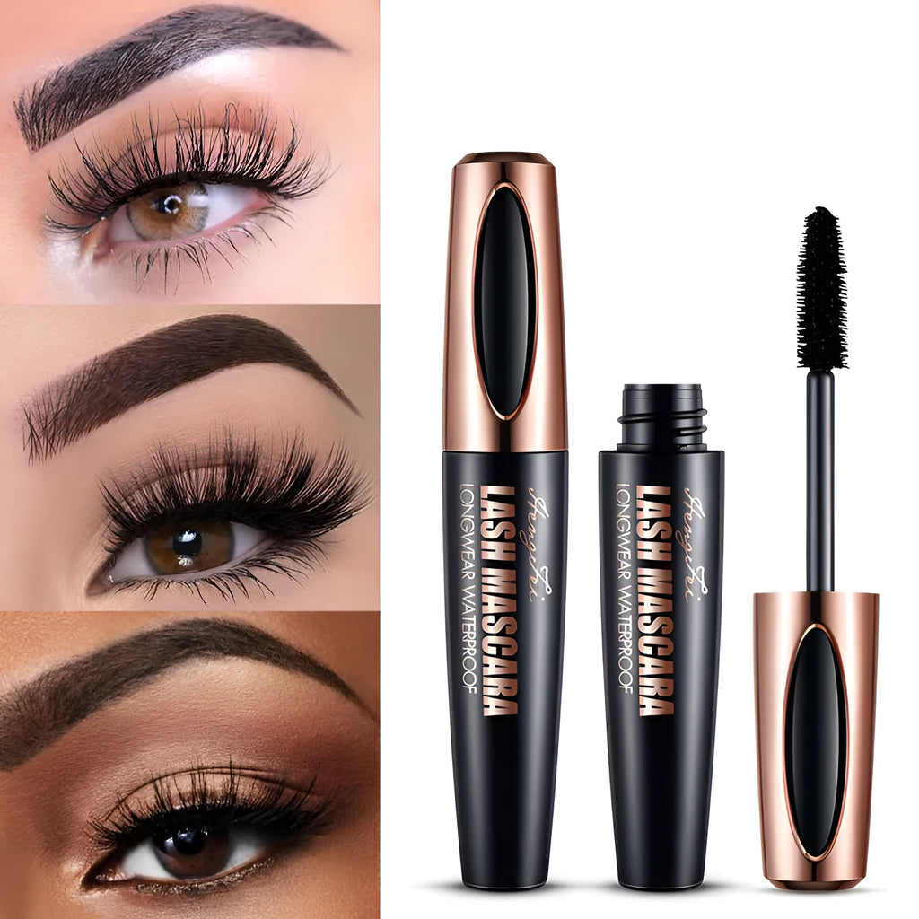 Black waterproof mascara tube with thick curling brush applicator
