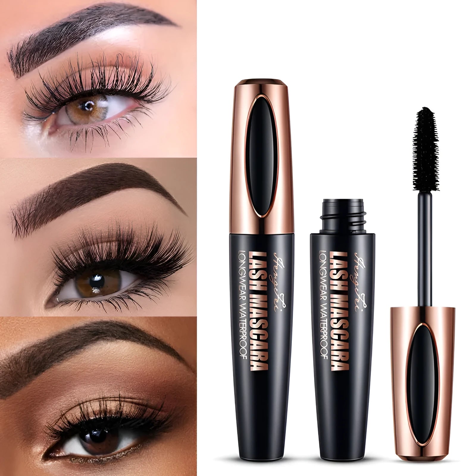 Black waterproof mascara tube with thick curling brush applicator