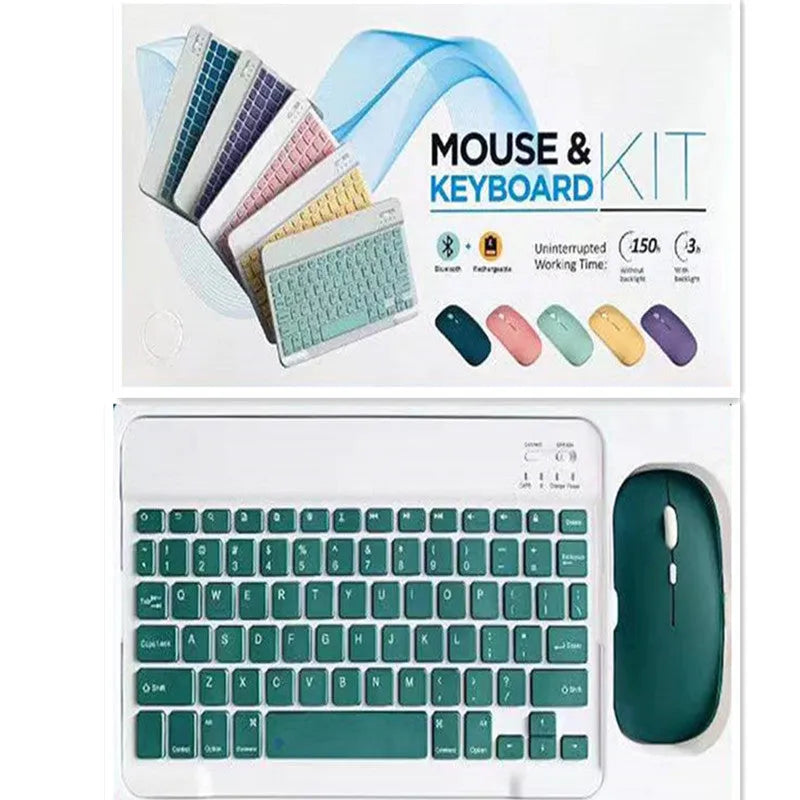 10-inch solid colour Bluetooth keyboard and rechargeable dual-mode mouse set on a desk.