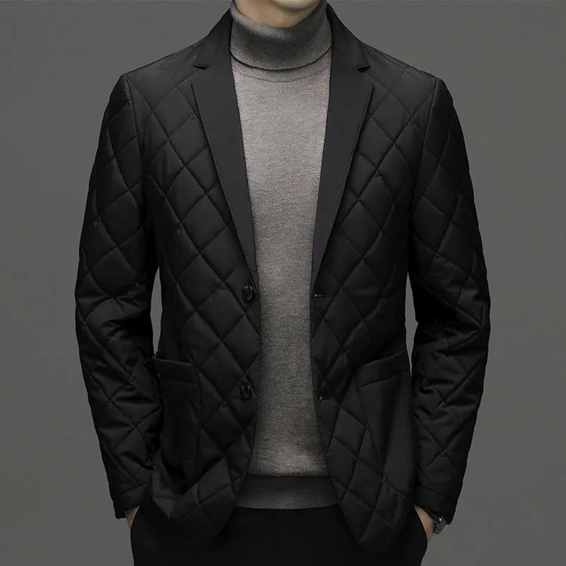 Men's thick winter down jacket with lapel collar in black, dark grey, or shrimp blue colour