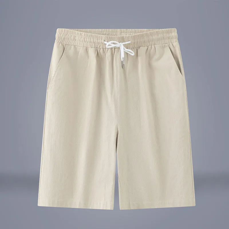 Chinese-style solid colour cropped trousers in cotton linen fabric with drawstring mid-waist
