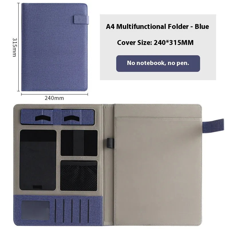 Black leather A4 business folder with pen holder and notepad accessories