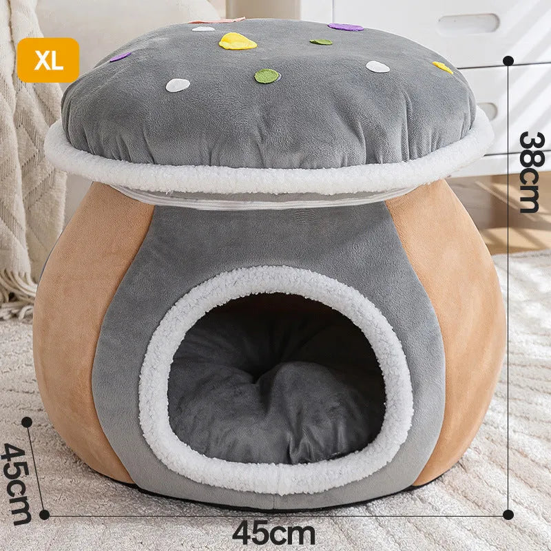 Grey mushroom-shaped plush cat bed showing enclosed cave design for cats.