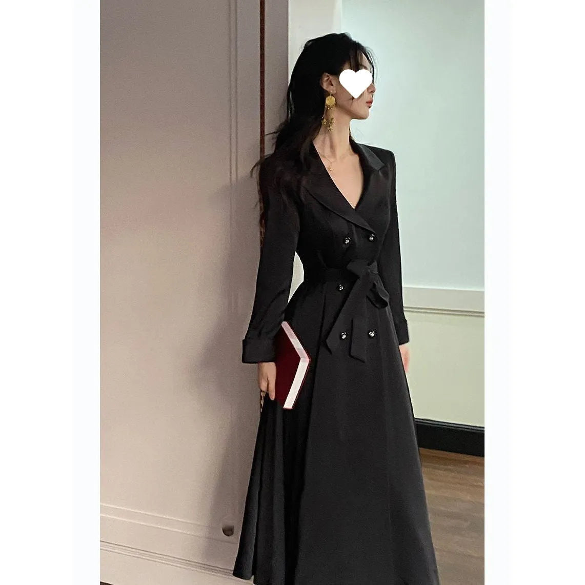 Black retro double-breasted long coat with waist control, polyester fibre, long sleeves