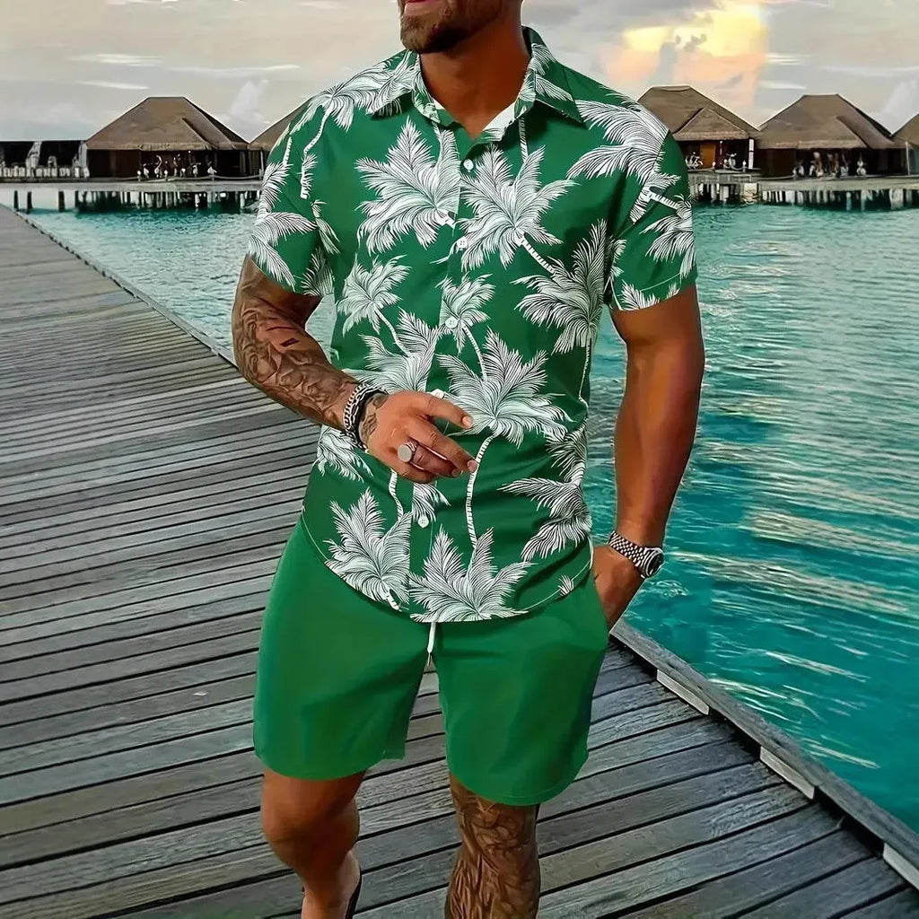 Men's Hawaiian 3D printed short sleeve suit with matching trousers in various colours