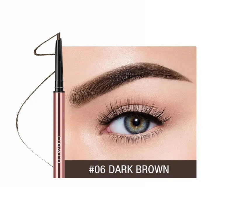 Slender eyebrow make-up pencil in a colour box, shown in six colour options including blonde and auburn.