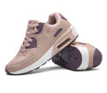 Women's casual low-heel shoes in beige orange, grey, and pink purple, showing a sizing chart.