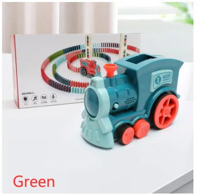 Domino train toy with 100 plastic dominoes in random colours, including toy train and card storage box