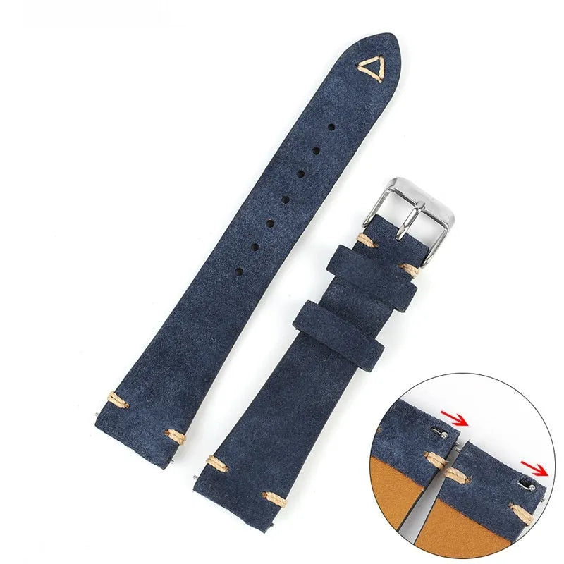 Small waist genuine suede leather watch strap showing brown, blue, gray and army green colour options