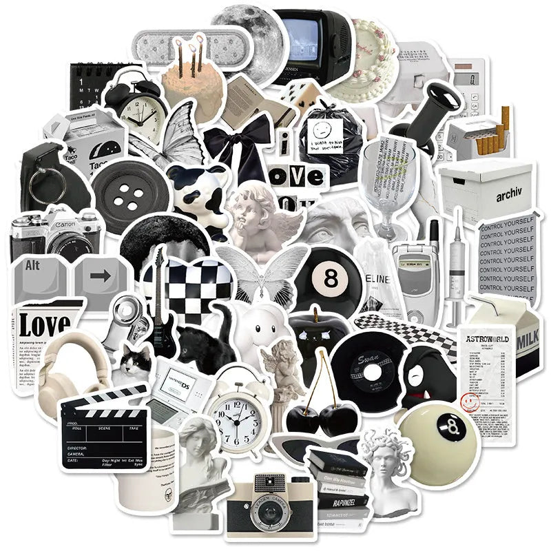 Assortment of 61 black and white waterproof PVC stickers for laptops, phones, and travel gear.