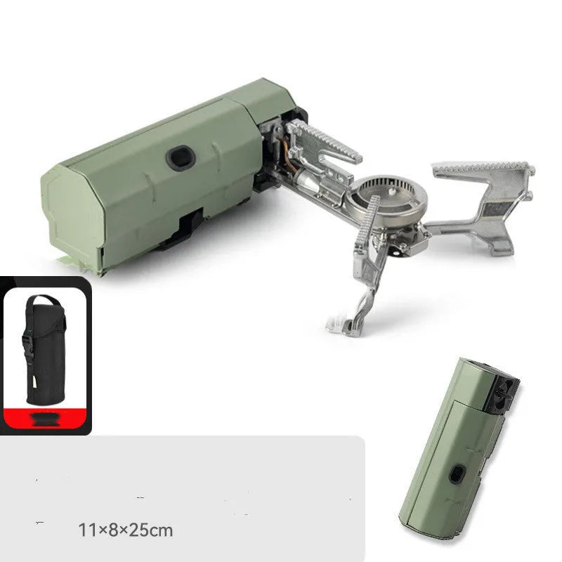 Green folding camping gas stove with adjustable valve and anti-slip feet for outdoor cooking